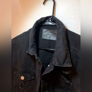Black distressed long jean jacket